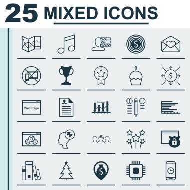 25 evrensel düzenlenebilir simgeler kümesi. Web, mobil ve App tasarım için kullanılabilir. Para, insan zihninin, mevcut rozet ve daha fazlası gibi simgeleri içerir.