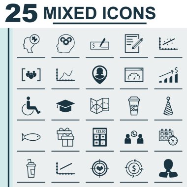 25 evrensel düzenlenebilir simgeler kümesi. Web, mobil ve App tasarım için kullanılabilir. Yol haritası, başarılı yatırım, doğum günü şapkası ve daha fazlası gibi simgeleri içerir.