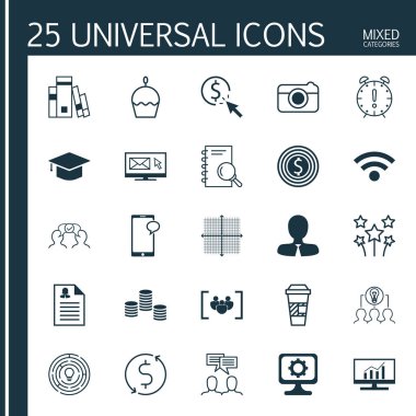 25 evrensel düzenlenebilir simgeler kümesi. Web, mobil ve App tasarım için kullanılabilir. Doğum günü pastası, iş hedefi, birlikte çalışma çözümü ve daha fazlası gibi simgeleri içerir.