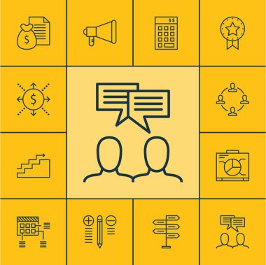 Tartışma, fırsat ve mevcut rozet konularda proje yönetimi simgeler kümesi. Düzenlenebilir vektör çizim. Program, proje, para ve daha fazla vektör simge içerir.