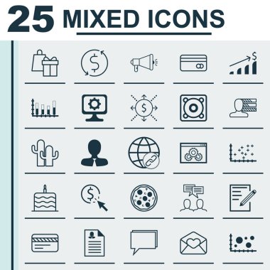 25 evrensel düzenlenebilir simgeler kümesi. Web, mobil ve App tasarım için kullanılabilir. Para, konferans, arsa diyagramı ve daha fazlası gibi simgeleri içerir.