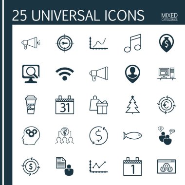 25 evrensel düzenlenebilir simgeler kümesi. Web, mobil ve App tasarım için kullanılabilir. Çalışan yeri, tarihi, kablosuz ve daha fazlası gibi simgeleri içerir.