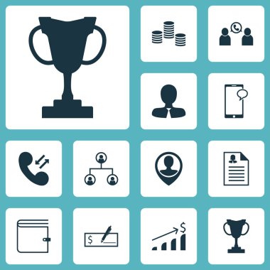 Turnuva, telefon konferansı ve başarılı yatırım konuları yönetimi simgeler kümesi. Düzenlenebilir vektör çizim. Ağaç, sikke, arama ve daha fazla vektör simge içerir.