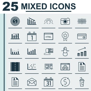 25 evrensel düzenlenebilir simgeler kümesi. Web, mobil ve App tasarım için kullanılabilir. Bilgisayar, kış, Street ve daha fazla gibi simgeleri içerir.