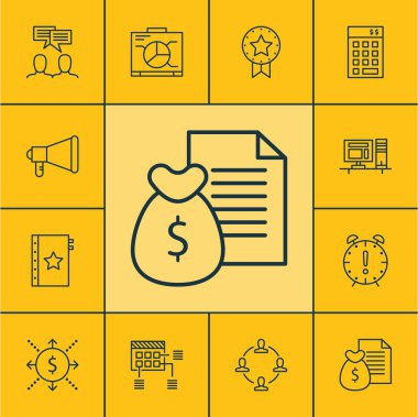 Duyuru, tartışma ve yönetim kurulu konularda proje yönetimi simgeler kümesi. Düzenlenebilir vektör çizim. Plan, yatırım, kontrol paneli ve daha fazla vektör simge içerir.