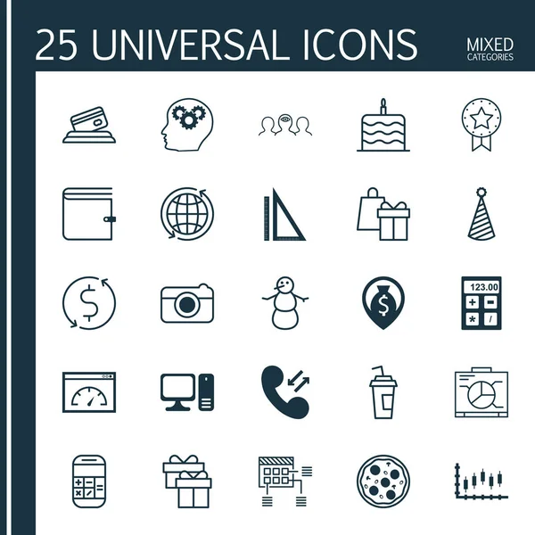 25 evrensel düzenlenebilir simgeler kümesi. Web, mobil ve App tasarım için kullanılabilir. Masaüstü bilgisayar gibi simgeleri mali, içki Kupası ve daha fazlasını içerir.