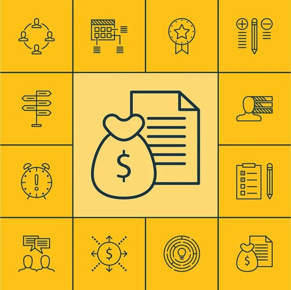 Para, zamanlama ve mevcut rozet konularda proje yönetimi simgeler kümesi. Düzenlenebilir vektör çizim. Karar, rozet, Toplantı ve daha fazla vektör simge içerir.