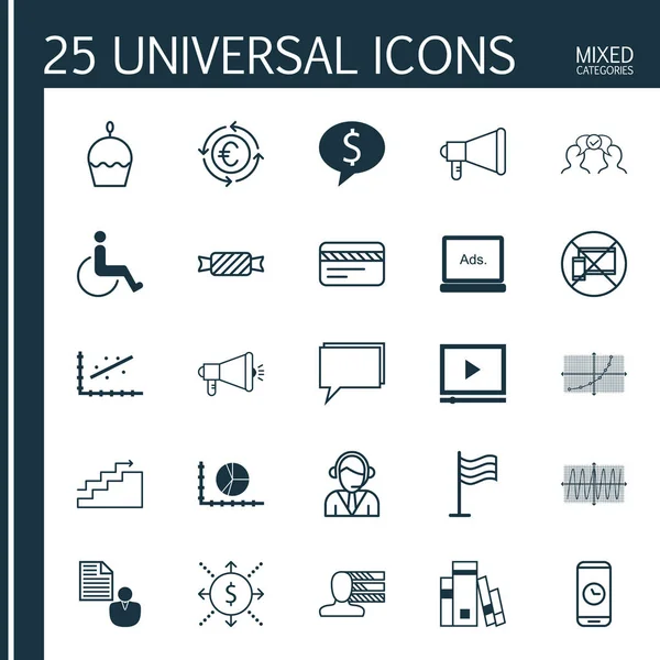 25 evrensel düzenlenebilir simgeler kümesi. Web, mobil ve App tasarım için kullanılabilir. Duyuru, Cosinus diyagramı, iş anlaşması ve daha fazlası gibi simgeleri içerir.