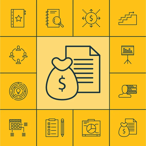 Zamanlama, büyüme ve para konularda proje yönetimi simgeler kümesi. Düzenlenebilir vektör çizim. Hedef, beyin fırtınası, takım ve daha fazla vektör simge içerir.