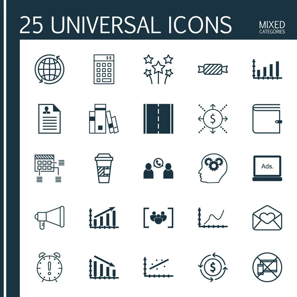 25 evrensel düzenlenebilir simgeler kümesi. Web, mobil ve App tasarım için kullanılabilir. Para, e-posta, beyin süreci ve daha fazla tebrik gibi simgeleri içerir.