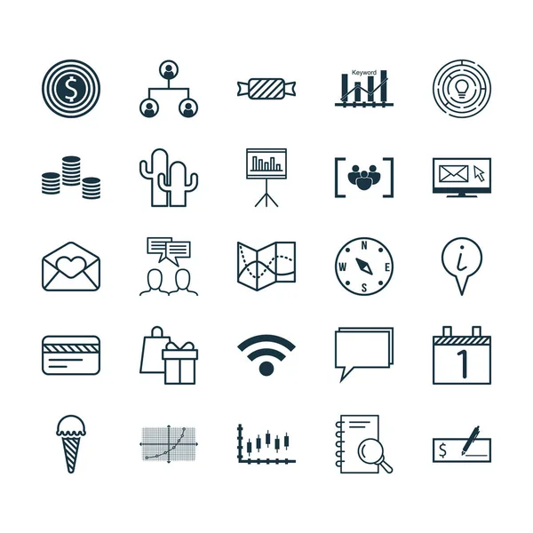 Set van 25 universele bewerkbare iconen. Kan worden gebruikt voor Web, mobiel en App Design. Bevat pictogrammen zoals Agenda, bankkaart, trefwoord optimalisatie en meer. — Stockvector