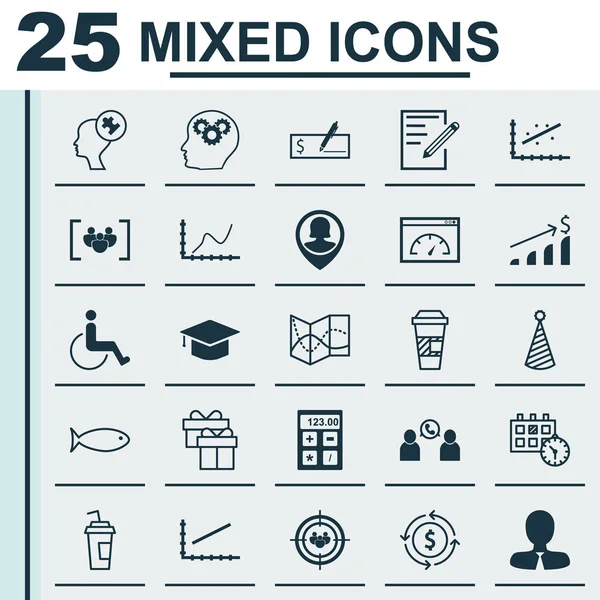 25 evrensel düzenlenebilir simgeler kümesi. Web, mobil ve App tasarım için kullanılabilir. Yol haritası, başarılı yatırım, doğum günü şapkası ve daha fazlası gibi simgeleri içerir.