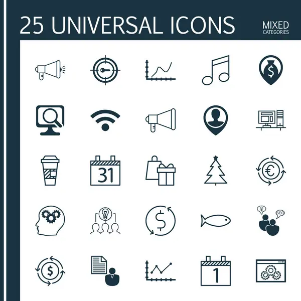 25 evrensel düzenlenebilir simgeler kümesi. Web, mobil ve App tasarım için kullanılabilir. Çalışan yeri, tarihi, kablosuz ve daha fazlası gibi simgeleri içerir.