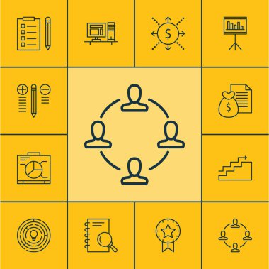 Proje Yönetimi simgeler gemide, karar verme ve bilgisayar konuları kümesi. Düzenlenebilir vektör çizim. Para, çalışma alanı, rapor ve daha fazla vektör simge içerir.