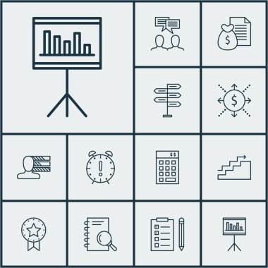 Rapor, sunum ve fırsat konularda proje yönetimi simgeler kümesi. Düzenlenebilir vektör çizim. Finans, son tarih, büyüme ve daha fazla vektör simge içerir.