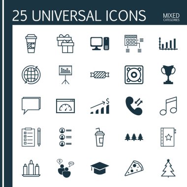 25 evrensel düzenlenebilir simgeler kümesi. Web, mobil ve App tasarım için kullanılabilir. Turnuva, Pizza, masaüstü bilgisayar ve daha fazla dilimlenmiş gibi simgeleri içerir.