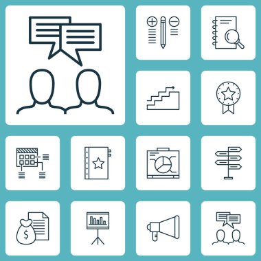 Garanti, tanıtım ve duyuru konularda proje yönetimi simgeler kümesi. Düzenlenebilir vektör çizim. Plan, defter, çözüm ve daha fazla vektör simge içerir.