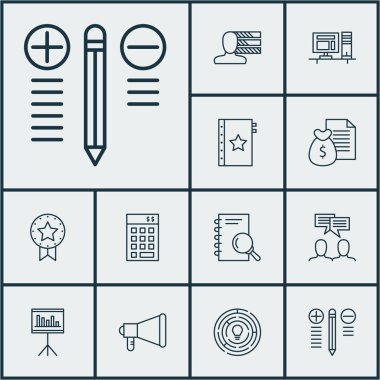 Tartışma, yenilik ve garanti konularda proje yönetimi simgeler kümesi. Düzenlenebilir vektör çizim. Rapor, istatistik, para ve daha fazla vektör simge içerir.