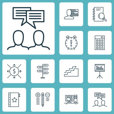 Verimlilik, büyüme ve para konuları proje yönetimi simgeler kümesi. Düzenlenebilir vektör çizim. Yapım, akış, sunum ve daha fazla vektör simge içerir.