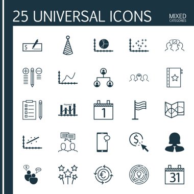 25 evrensel düzenlenebilir simgeler kümesi. Web, mobil ve App tasarım için kullanılabilir. Gündem, para birimi geri dönüşüm gibi başarı grafiği ve daha fazlasını içeren.