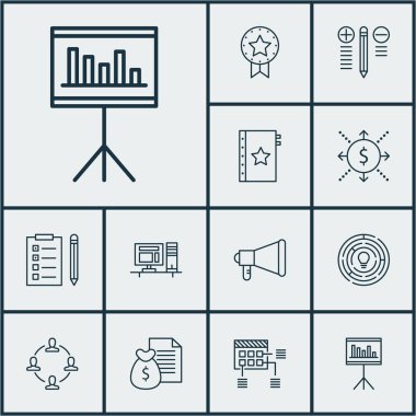 Duyuru, bilgisayar ve garanti konularda proje yönetimi simgeler kümesi. Düzenlenebilir vektör çizim. Promosyon, yönetimi, gelir ve daha fazla vektör simge içerir.