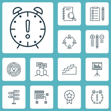 Sunum, mevcut rozet ve zaman yönetimi konuları proje yönetimi simgeler kümesi. Düzenlenebilir vektör çizim. Tarihi, fikir, görev ve daha fazla vektör simge içerir.