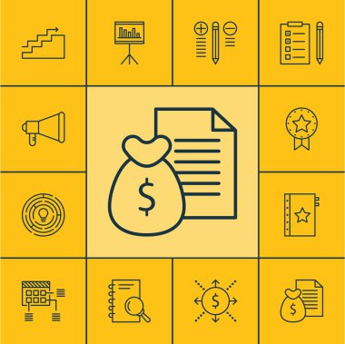 Rapor, büyüme ve para konularda proje yönetimi simgeler kümesi. Düzenlenebilir vektör çizim. Grafik, nakit, hatırlatma ve daha fazla vektör simge içerir.