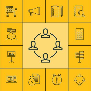 Sunumu, tartışma ve fırsat konularda proje yönetimi simgeler kümesi. Düzenlenebilir vektör çizim. Görev, bütçe, çatal ve daha fazla vektör simge içerir.
