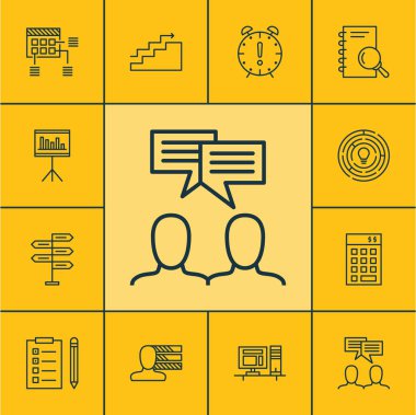 Zaman yönetimi, fırsat ve yenilik konularda proje yönetimi simgeler kümesi. Düzenlenebilir vektör çizim. Karar, istatistik, Plan ve daha fazla vektör simge içerir.