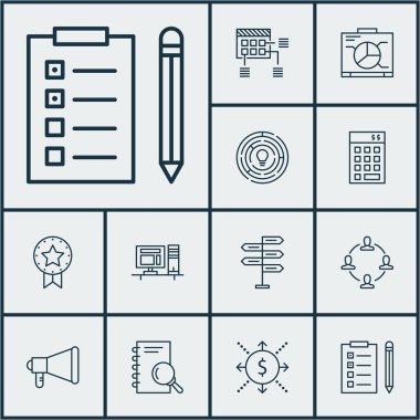 Para, zamanlama ve mevcut rozet konularda proje yönetimi simgeler kümesi. Düzenlenebilir vektör çizim. Ekip çalışması, uyarı mektubu, karar ve daha fazla vektör simge içerir.