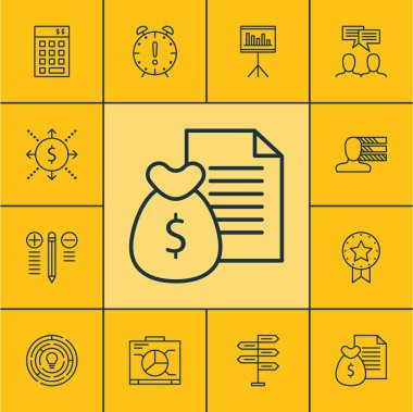 Karar verme, yenilik ve mevcut rozet konular üzerinde proje yönetimi simgeler kümesi. Düzenlenebilir vektör çizim. Beyin fırtınası, kişisel gelir ve daha fazla vektör simge içerir.