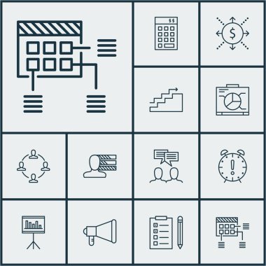 Kişisel becerileri, duyuru ve zaman yönetimi konuları proje yönetimi simgeler kümesi. Düzenlenebilir vektör çizim. Finans, Tarih, Plan ve daha fazla vektör simge içerir.