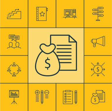 Tartışma, bilgisayar ve sunum konularda proje yönetimi simgeler kümesi. Düzenlenebilir vektör çizim. İstatistik, ekip çalışması, sunum ve daha fazla vektör simge içerir.