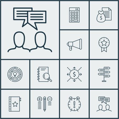 Tartışma, analiz ve duyuru konularda proje yönetimi simgeler kümesi. Düzenlenebilir vektör çizim. Gelir, yönetimi, kalite ve daha fazla vektör simge içerir.