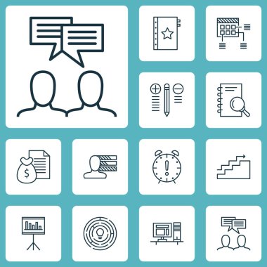 Zaman yönetimi, bilgisayar ve garanti konularda proje yönetimi simgeler kümesi. Düzenlenebilir vektör çizim. Not Defteri, yönetim, büyüme ve daha fazla vektör simge içerir.