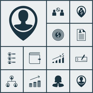 Kadın uygulama, paralar büyüme ve banka ödeme konularda Yönetim simgeler kümesi. Düzenlenebilir vektör çizim. Nakit, Çek, içeren başvuru ve daha fazla vektör simgeleri.