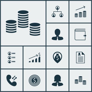 Kadın uygulama, paralar büyüme ve başarılı yatırım konuları yönetimi simgeler kümesi. Düzenlenebilir vektör çizim. Hedef, para, telefon ve daha fazla vektör simge içerir.