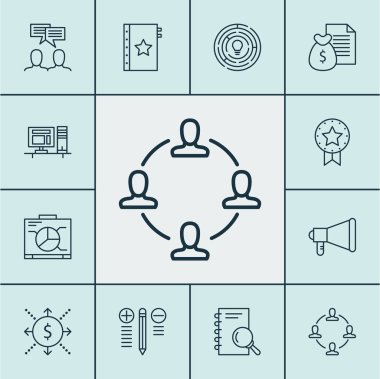 Rapor, yenilik ve yönetim kurulu konularda proje yönetimi simgeler kümesi. Düzenlenebilir vektör çizim. Akış, Office, ekip çalışması ve daha fazla vektör simge içerir.