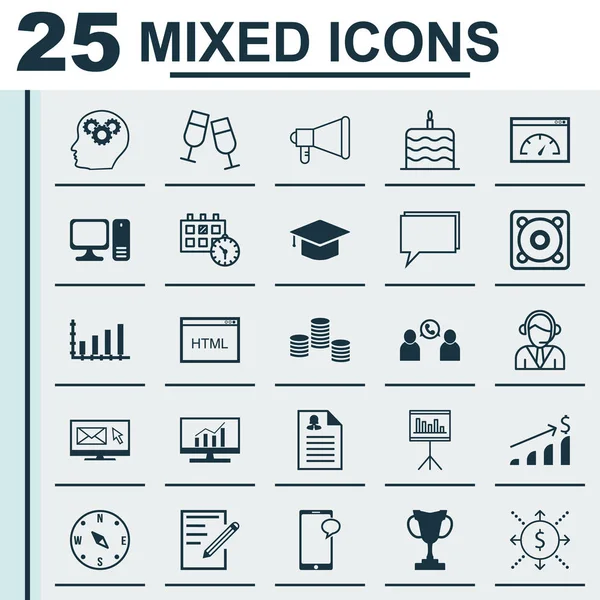 25 evrensel düzenlenebilir simgeler kümesi. Web, mobil ve App tasarım için kullanılabilir. Gibi yükleme hızı, kadın uygulama, kutlama pastası ve daha fazlasını içeren.