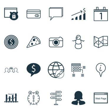 20 evrensel düzenlenebilir simgeler kümesi. Web, mobil ve App tasarım için kullanılabilir. Bilgi: işaretçi, Pizza, iş kadını ve daha dilimlenmiş gibi simgeleri içerir.