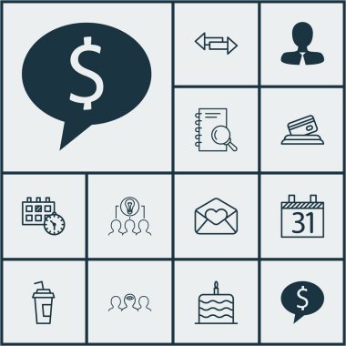 12 evrensel düzenlenebilir simgeler kümesi. Web, mobil ve App tasarım için kullanılabilir. E-posta, Manager, kutlama pastası ve daha tebrik gibi simgeler içerir.