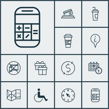 Yol haritası, paket servisi olan restoran kahve ve mevcut konularda ulaşım simgeler kümesi. Düzenlenebilir vektör çizim. Pusula, Doları, Tarih ve daha fazla vektör simge içerir.