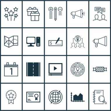 20 evrensel düzenlenebilir simgeler kümesi. Web, mobil ve App tasarım için kullanılabilir. Karar verme, sıra grafik, medya kampanyası ve daha fazlası gibi simgeleri içerir.