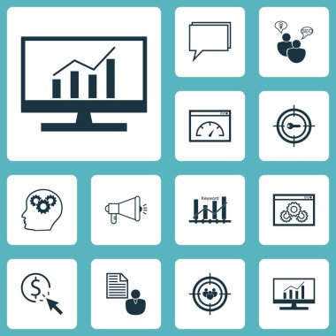 Pazarlama Seo beyin fırtınası, anahtar kelime optimizasyonu ve konferans konularda simgeler kümesi. Düzenlenebilir vektör çizim. Optimizasyon, performans, Analytics ve daha fazla vektör simge içerir.