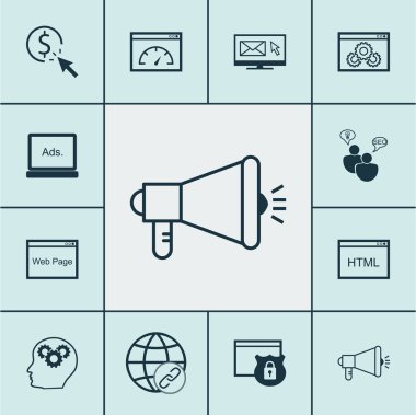 Bülten, beyin süreci ve Ppc konular üzerinde reklam simgeler kümesi. Düzenlenebilir vektör çizim. Web sitesi, içeren ekran, danışmanlık ve daha fazla simgeler vektör.