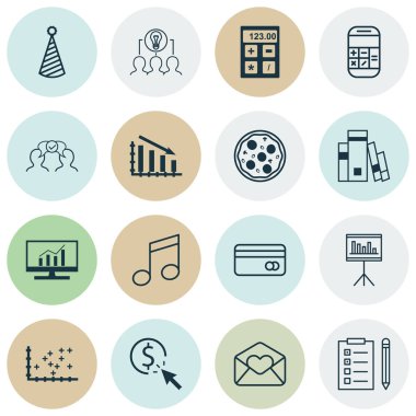 16 evrensel düzenlenebilir simgeler kümesi. Web, mobil ve App tasarım için kullanılabilir. E-posta, doğum günü şapkası, sunu ve daha fazlasını tebrik gibi simgeler içerir.