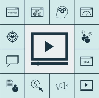 Rapor, Seo beyin fırtınası ve Web sitesi konularda pazarlama simgeler kümesi. Düzenlenebilir vektör çizim. SEO, odak noktası, toplum ve daha fazla vektör simge içerir.