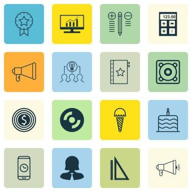 16 evrensel düzenlenebilir simgeler kümesi. Web, mobil ve App tasarım için kullanılabilir. Kutlama pastası, finans, mevcut rozet ve daha fazlası gibi simgeleri içerir.