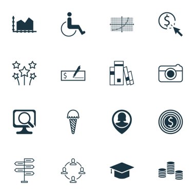 16 evrensel düzenlenebilir simgeler kümesi. Web, mobil ve App tasarım için kullanılabilir. Banka ödemesi, erişilebilirlik, PIN çalışan ve daha fazlası gibi simgeleri içerir.