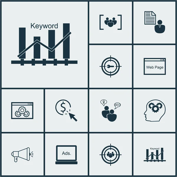 Sada ikon Seo Marketing klíčové slovo, klíčové slovo optimalizace a mediální kampaň témata. Upravitelné vektorové ilustrace. Obchodník, Marketing, klepněte na tlačítko a další vektorové ikony. — Stockový vektor